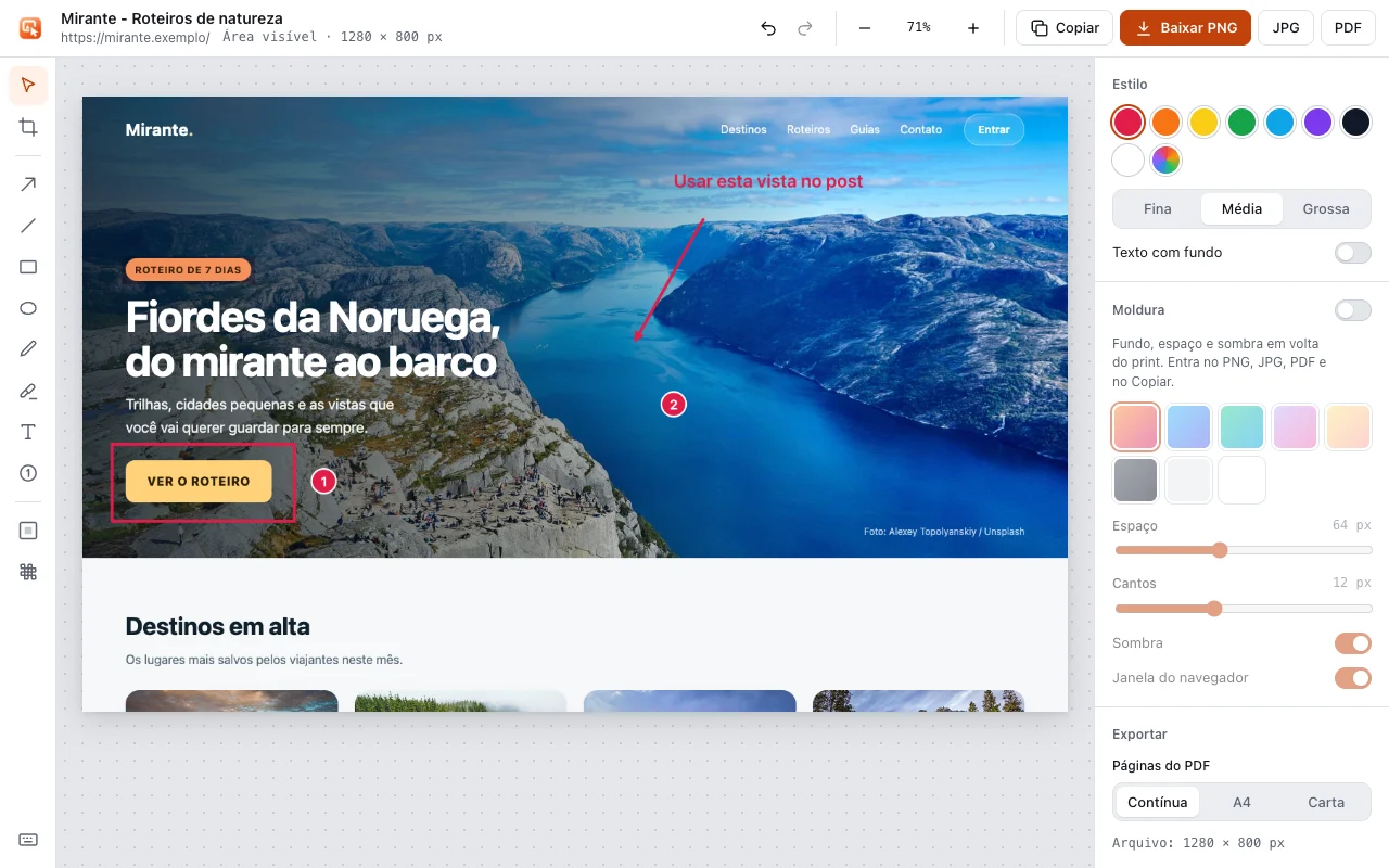 Editor da Clicou, Printou com uma página de viagem anotada: retângulo, seta, passos numerados e o texto Usar esta vista no post