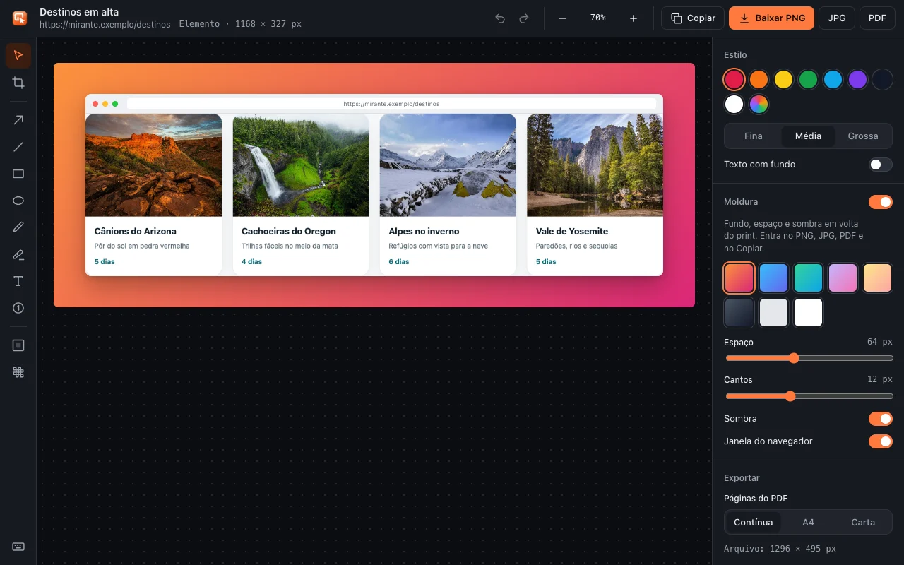 Captura de cards de viagem com moldura em degradê, no editor em modo escuro